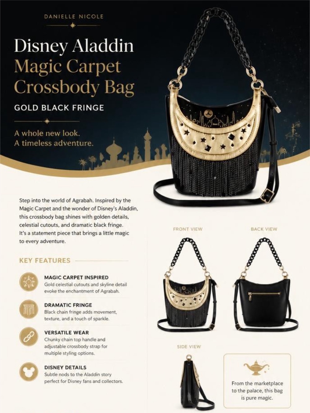 Danielle Nicole Disney Aladdin Magic Carpet Crossbody Bag Gold Black Fringe New